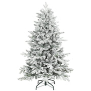 5ft snow flocked Christmas tree on a white background with a black metal base