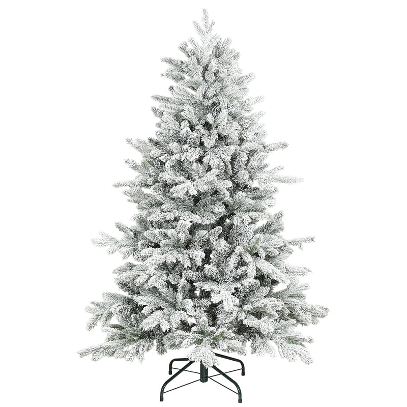 5ft snow flocked Christmas tree on a white background with a black metal base
