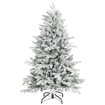 5ft snow flocked Christmas tree on a white background with a black metal base