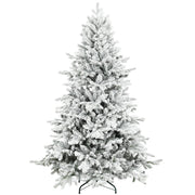 6ft snow flocked Christmas tree on a white background with a black metal base