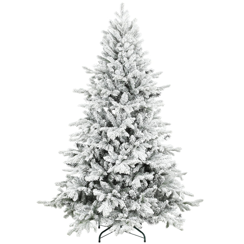 6ft snow flocked Christmas tree on a white background with a black metal base