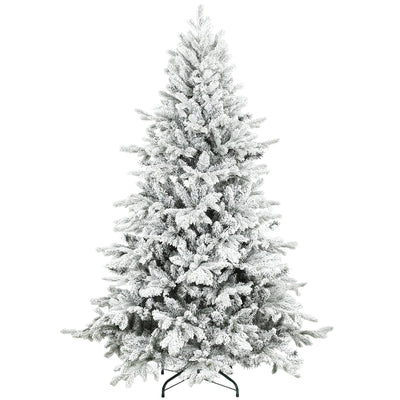 6ft snow flocked Christmas tree on a white background with a black metal base