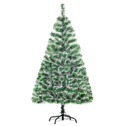 5ft snow-flocked green Christmas tree on a black metal stand against a white background