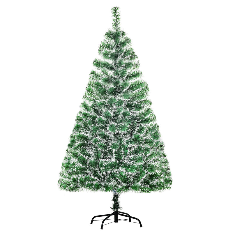 5ft snow-flocked green Christmas tree on a black metal stand against a white background