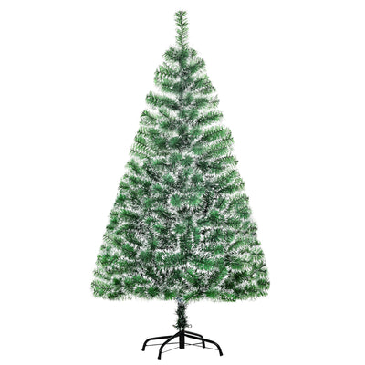 5ft snow-flocked green Christmas tree on a black metal stand against a white background