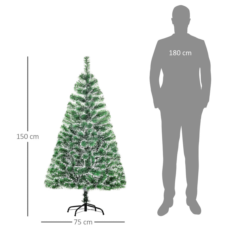 Dimensions diagram of the 5ft snow-flocked tree showing 150 cm height and 75 cm base width