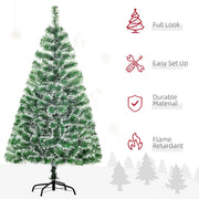 Snow-flocked Christmas tree with icons for full look, easy set up, durable material and flame retardant