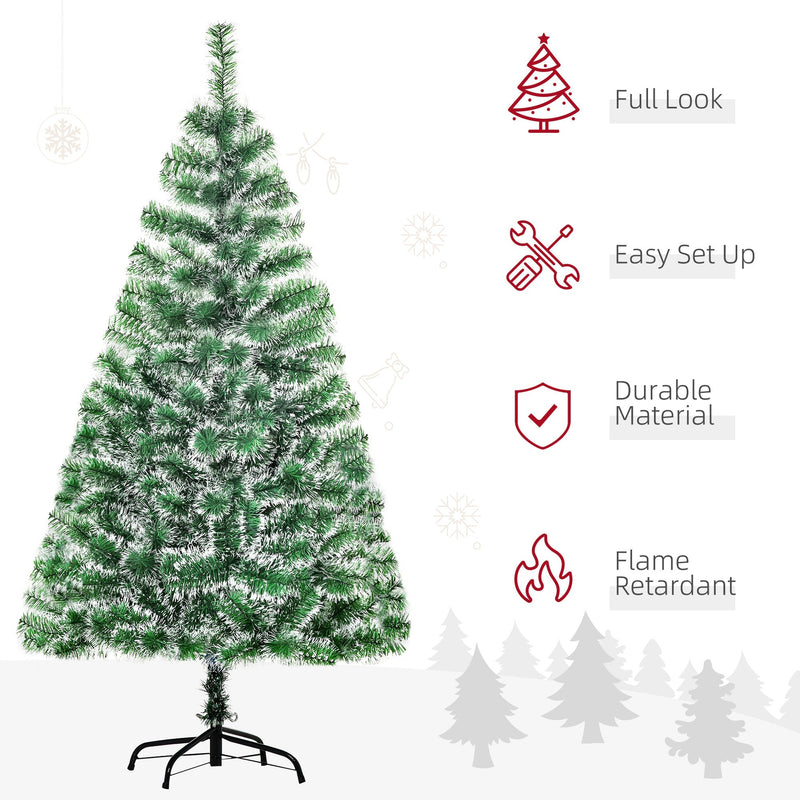 Snow-flocked Christmas tree with icons for full look, easy set up, durable material and flame retardant