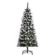 5ft snow flocked pencil tree with berries and pine cones on a folding metal stand