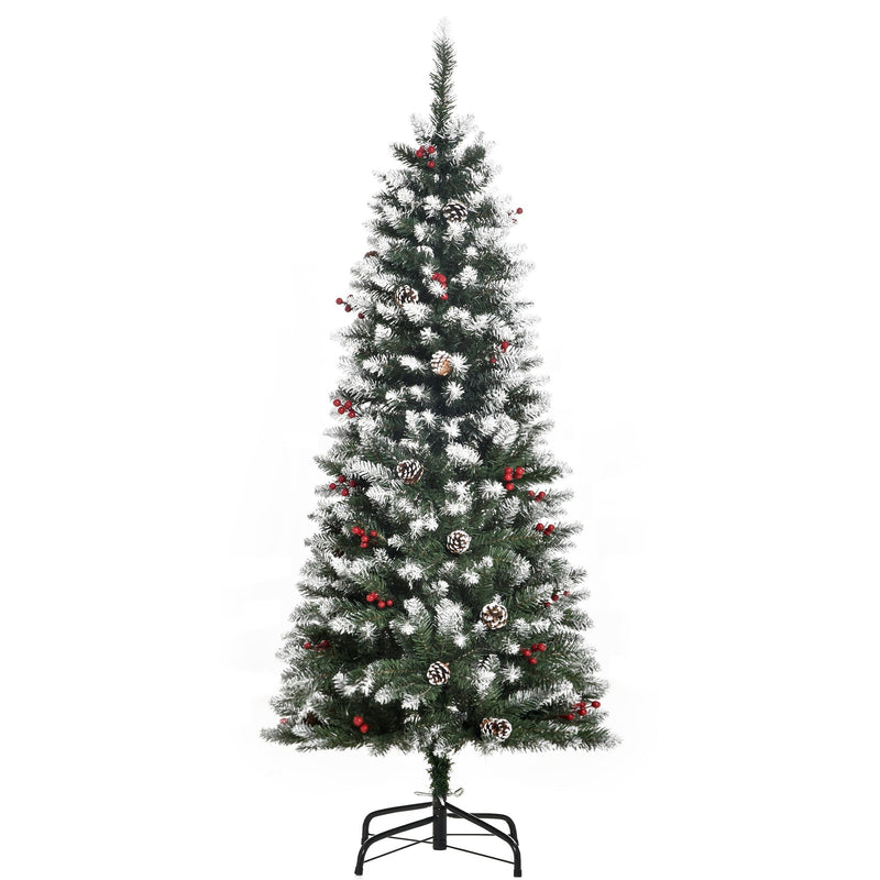 5ft snow flocked pencil tree with berries and pine cones on a folding metal stand
