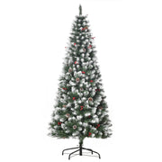 6ft snow flocked pencil Christmas tree with red berries and pine cones on a white background
