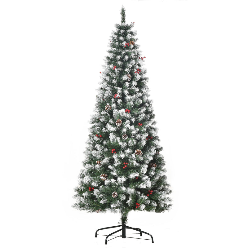 6ft snow flocked pencil Christmas tree with red berries and pine cones on a white background