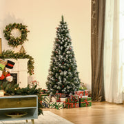 6ft pencil Christmas tree in a living room with a wreath, garland and wrapped gifts