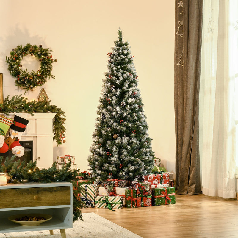 6ft pencil Christmas tree in a living room with a wreath, garland and wrapped gifts