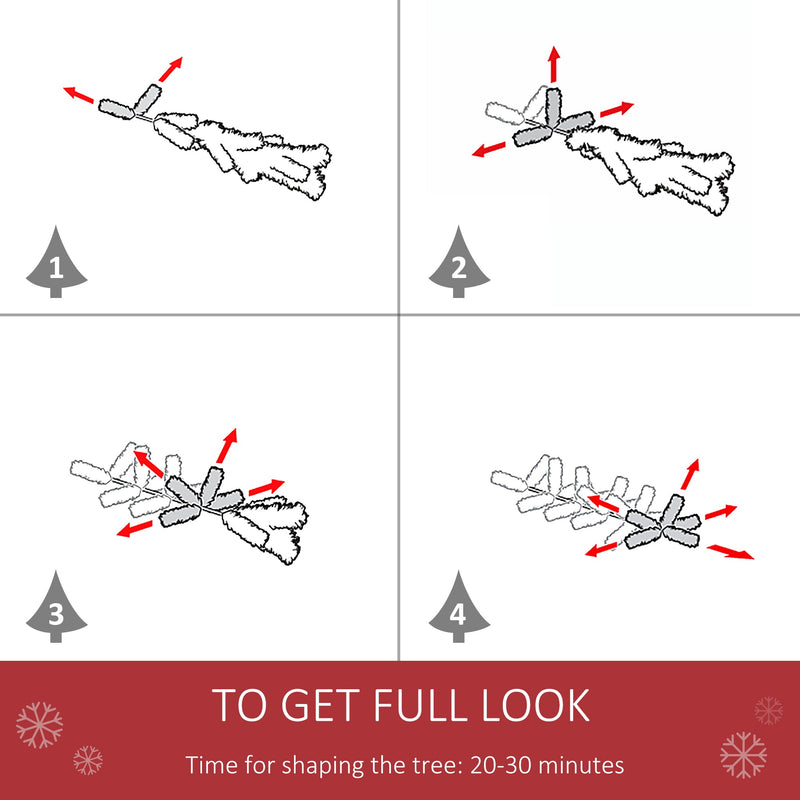 Four-step diagram showing how to spread out the 6ft tree branch tips in 20 to 30 minutes