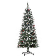 5ft snow flocked pencil Christmas tree with red berries and pine cones on a white background