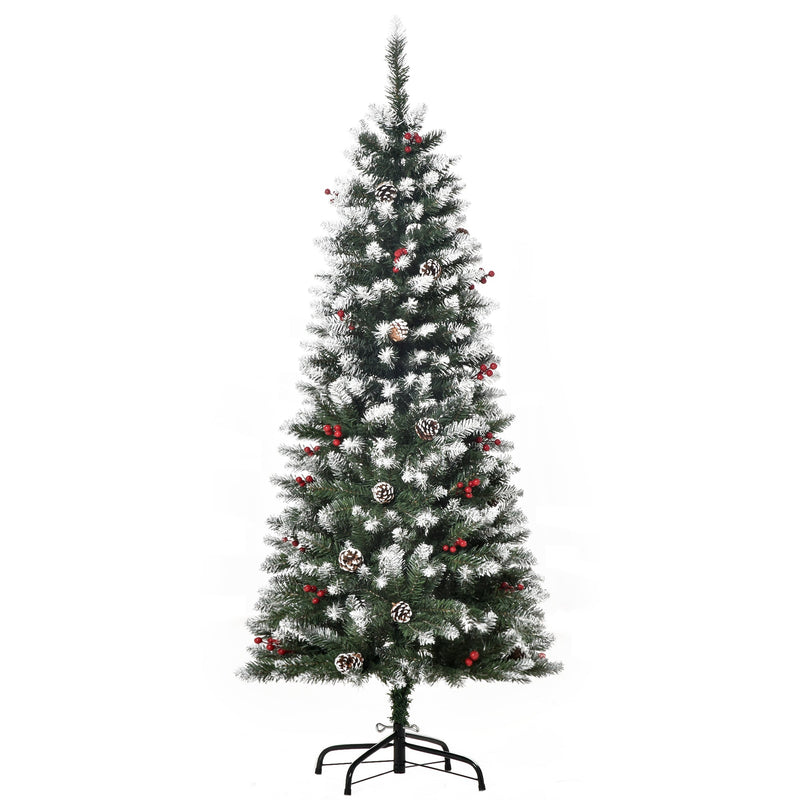 5ft snow flocked pencil Christmas tree with red berries and pine cones on a white background