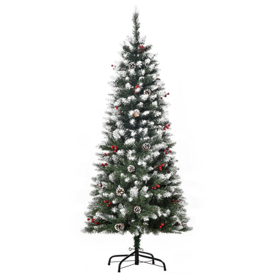 5ft snow flocked pencil Christmas tree with red berries and pine cones on a white background
