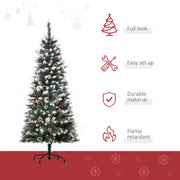 Pencil Christmas tree beside icons for full look, easy set up, durable material and flame retardant