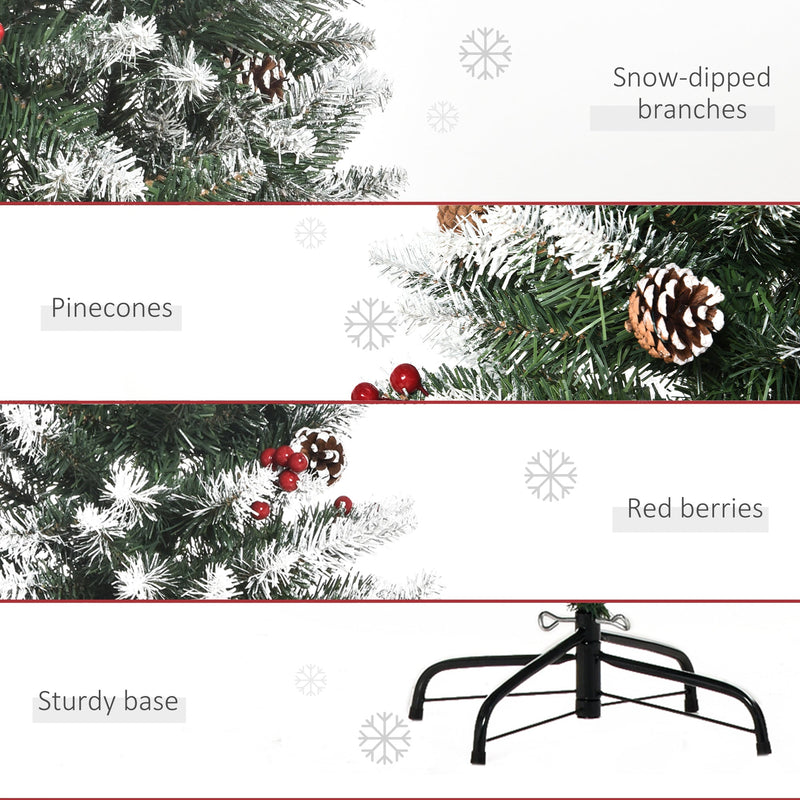Four close-ups showing snow-dipped branches, pine cones, red berries and the sturdy base