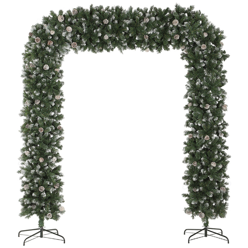 Snow frosted Christmas tree arch, 220 cm wide, on a white background with two metal bases