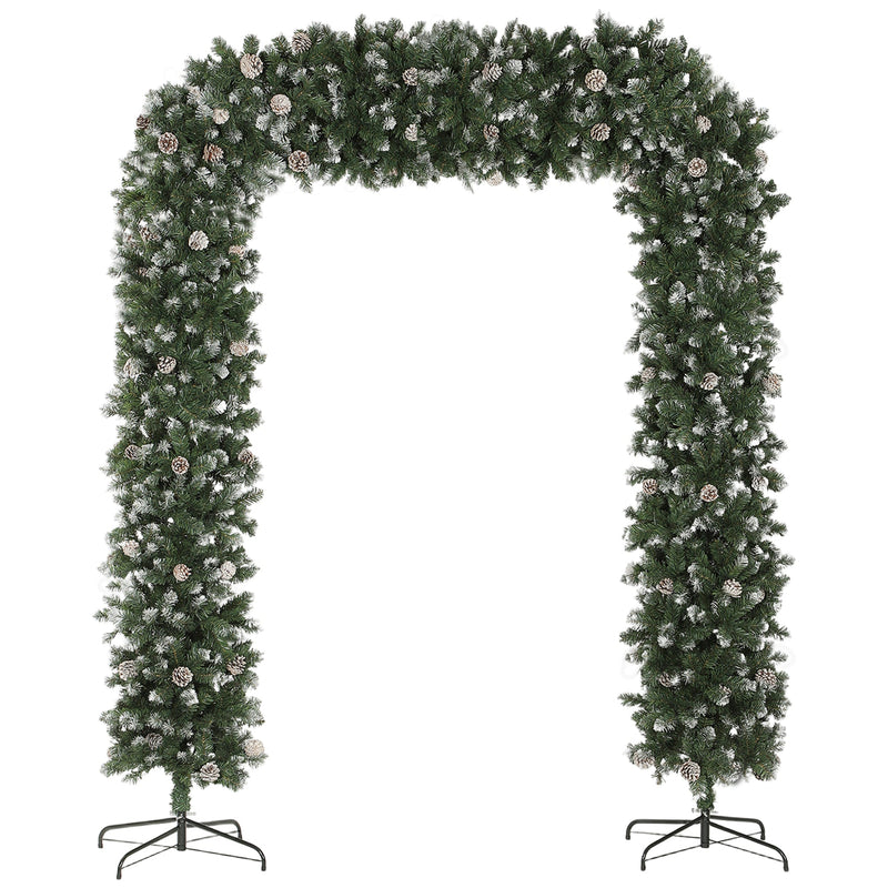 Snow frosted Christmas tree arch, 180 cm wide, on a white background with two metal bases