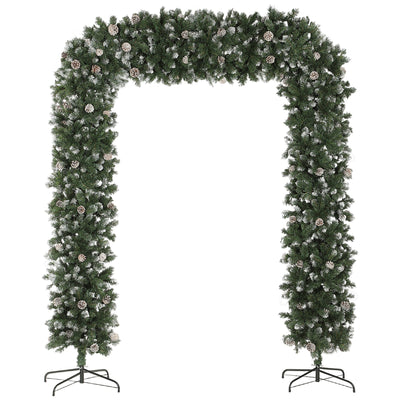 Snow frosted Christmas tree arch, 180 cm wide, on a white background with two metal bases