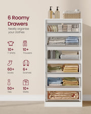 Six drawers filled with folded clothes with storage counts for T-shirts, trousers and socks