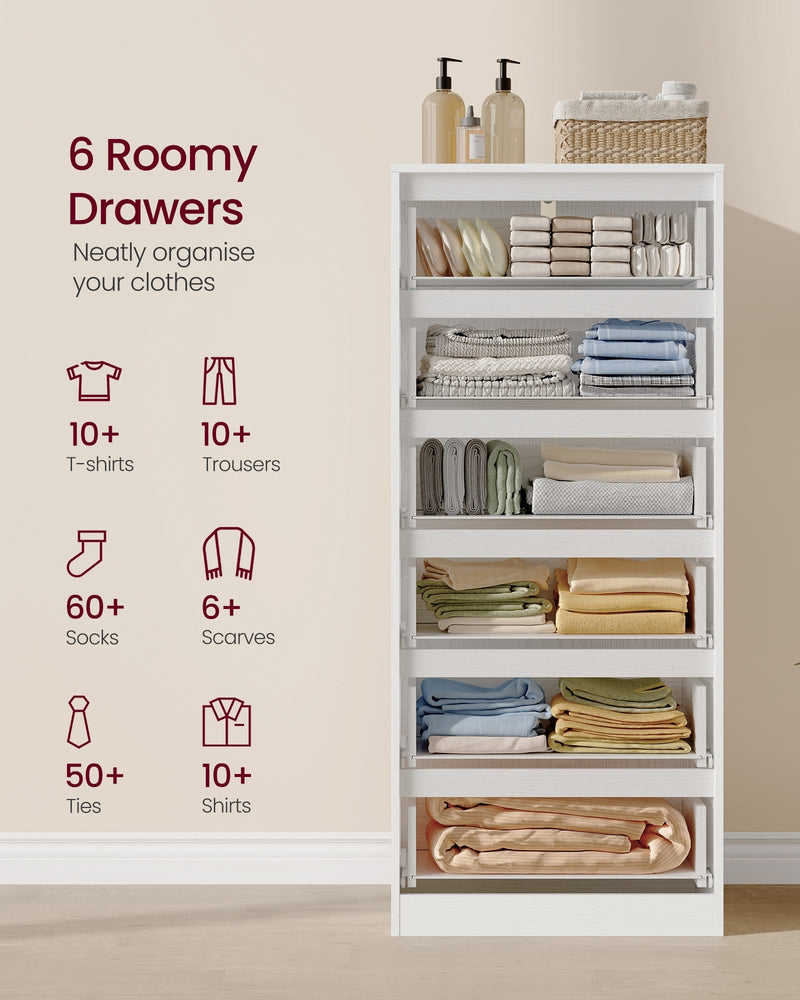 Six drawers filled with folded clothes with storage counts for T-shirts, trousers and socks