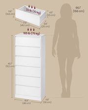 Dimensions diagram showing 48 x 30 x 111.2 cm, 75 kg top load and drawer size