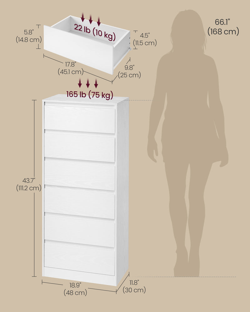 Dimensions diagram showing 48 x 30 x 111.2 cm, 75 kg top load and drawer size
