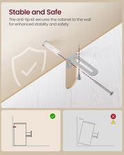 Close-up of the anti-tip kit bracket and wall screw with a tipping hazard diagram