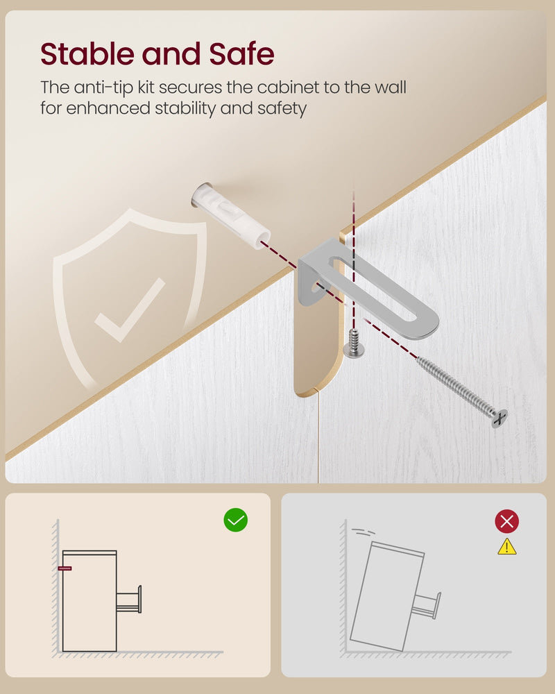 Close-up of the anti-tip kit bracket and wall screw with a tipping hazard diagram
