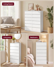White chests of drawers styled in a living room, an entryway and a bedroom