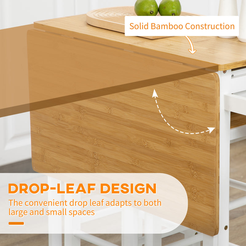 Kitchen Island Trolley with Storage Drawers and Drop Leaf Top with 2 Stools White