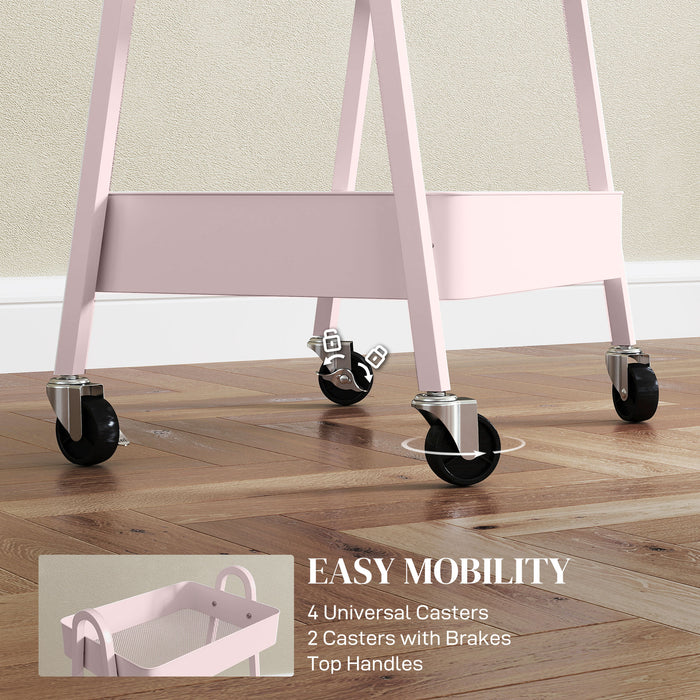 Pink Three Tier Rolling Storage Trolley with Wheels for Home or Office Use