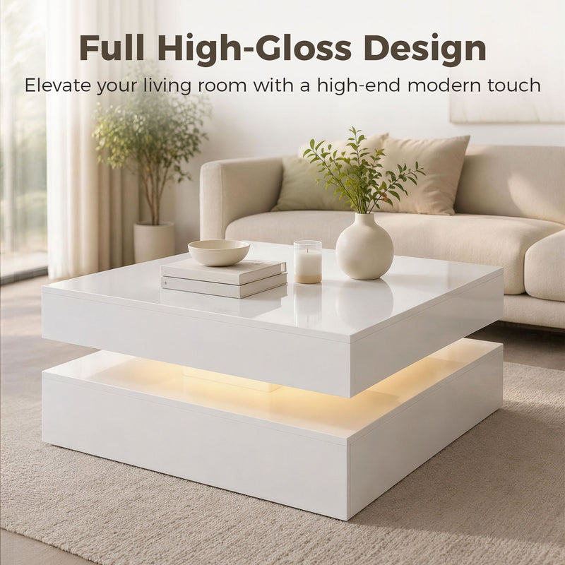 Coffee Table with LED Mood Lighting and Storage Shelf for Organised Living Room High Gloss White