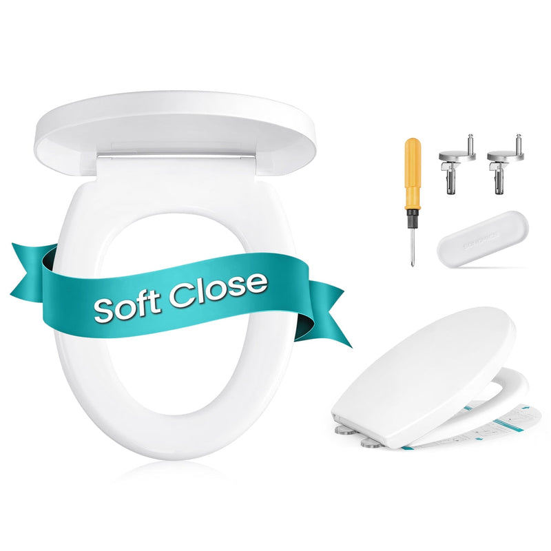 White PP plastic O-Shape soft-close toilet seat by Songmics shown with its mounting kit
