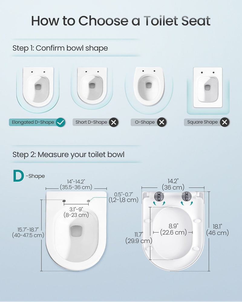 Sizing diagram for the D-Shape toilet seat measuring 46 cm long by 36 cm wide