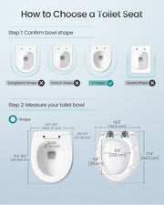 Sizing diagram for the O-Shape toilet seat measuring 44.3 cm long by 36.8 cm wide