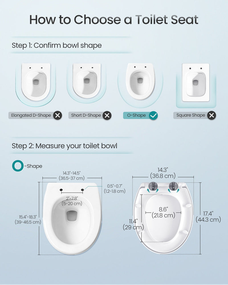 Sizing diagram for the O-Shape toilet seat measuring 44.3 cm long by 36.8 cm wide