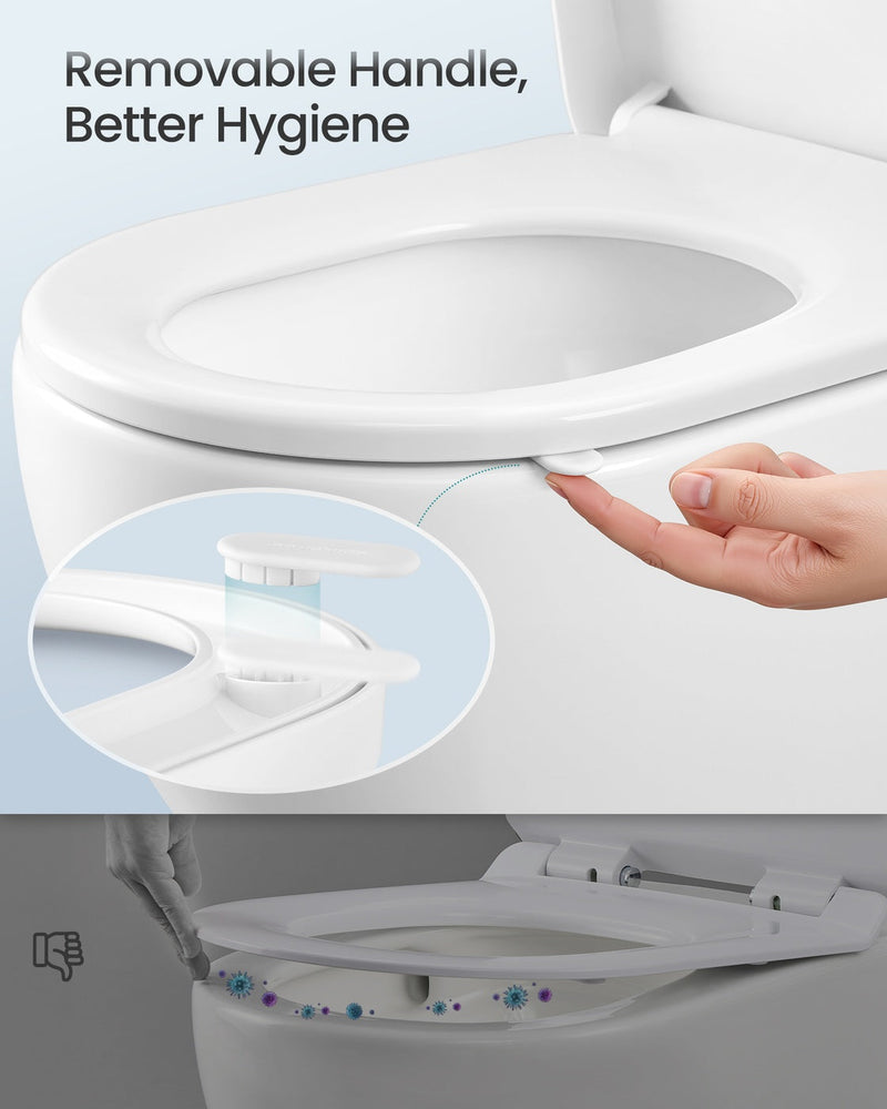 Close-up of the removable handle used to raise the toilet lid without touching the rim