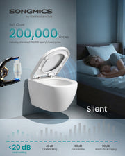 Soft-close hinge rated to 200,000 cycles lowering the lid quietly at under 20 decibels