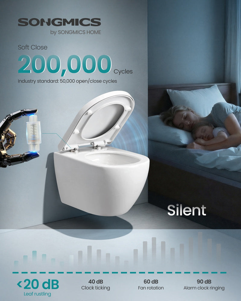 Soft-close hinge rated to 200,000 cycles lowering the lid quietly at under 20 decibels