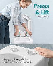 Woman pressing the quick-release catch to lift the seat away from the pan
