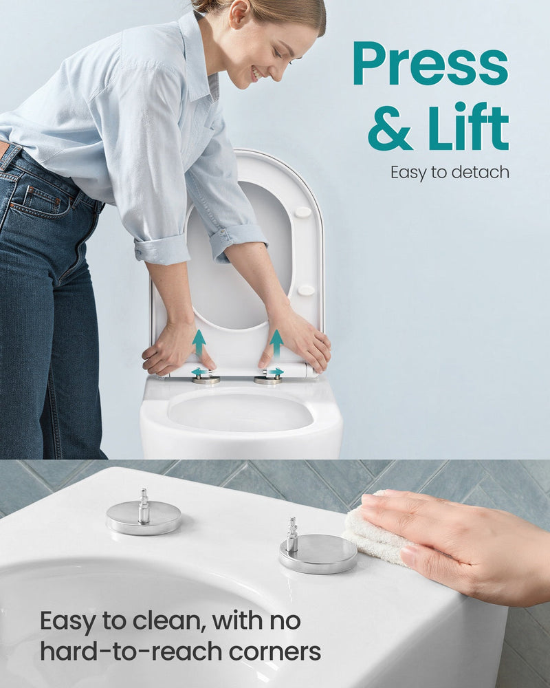 Woman pressing the quick-release catch to lift the seat away from the pan