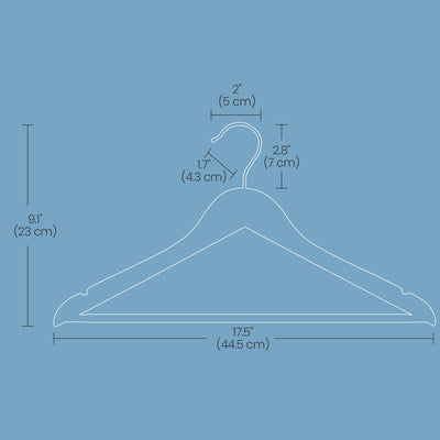 Dimensions diagram of solid wood hanger, 44.5 x 23 cm with 7 cm hook