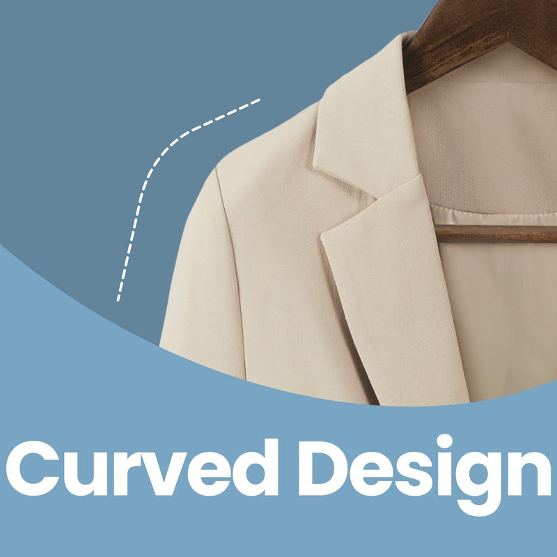 Close-up of curved hanger shoulder supporting a blazer without shoulder dents