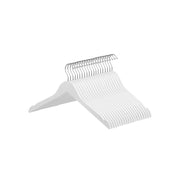 Stack of 20 white wooden clothes hangers with silver hooks on a white background