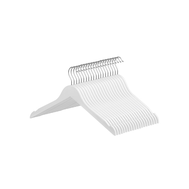 Stack of 20 white wooden clothes hangers with silver hooks on a white background
